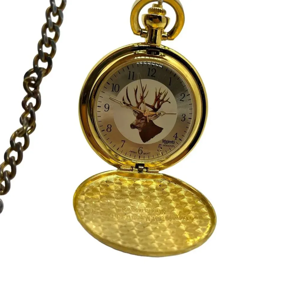 Pocket Watch Mule Deer Stag Majesti Quartz Japan Movt Mechanical Battery Gold